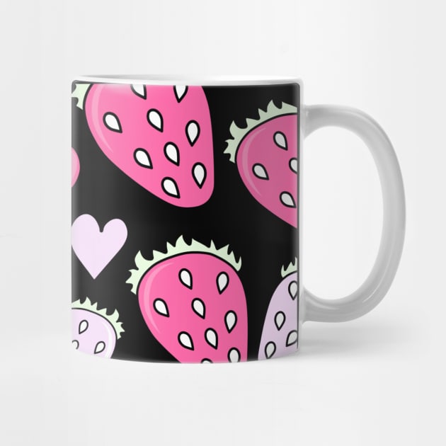 Cute Light and Dark Pink Doodle Strawberries and Hearts Pattern on Black Backdrop, made by EndlessEmporium by EndlessEmporium